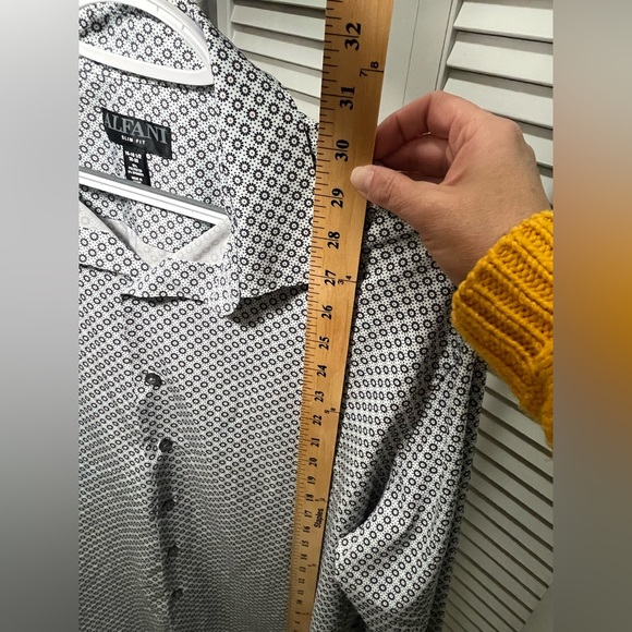 Alfani Button Down Slim Fit Shirt, 16-16 1/2, 32-33, white with black geometric - Picture 10 of 13